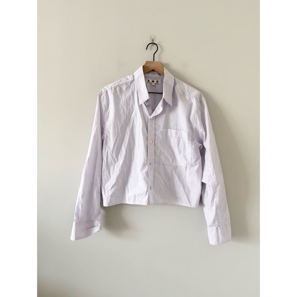 AMO Lavender-Striped Ruth Crop Cotton Button-Up Shirt Size S